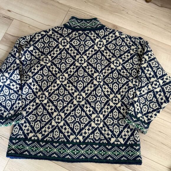 L.L. Bean Blue green & White Nordic Cardigan Sweater wool ski winter Size L - Picture 2 of 6